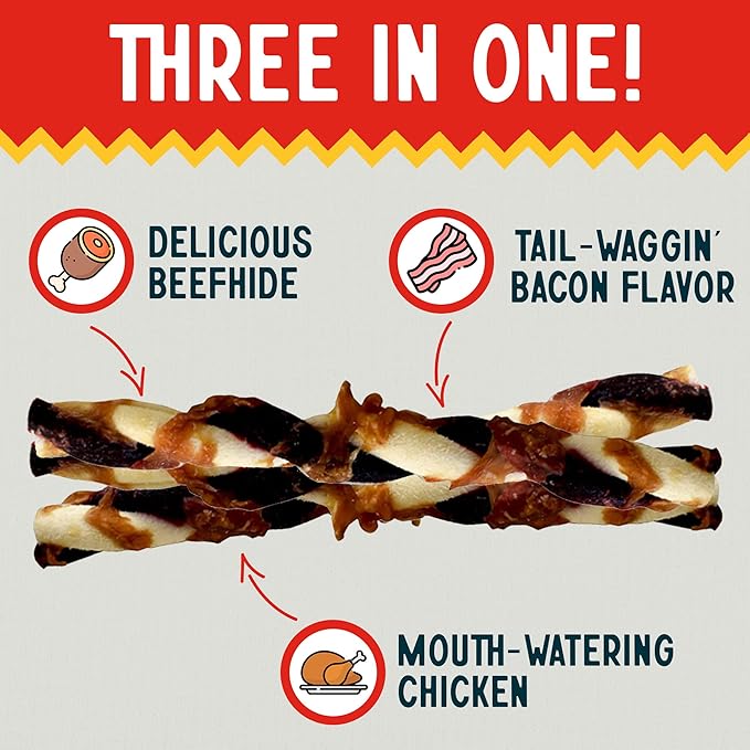 Canine Chews 5" Triple Flavor Rawhide Stick Twists for Small Dogs Dog Treat Dental Stick Chicken, Pork, Beef Flavor Chew Toy (100 Pack)-PawvioPets