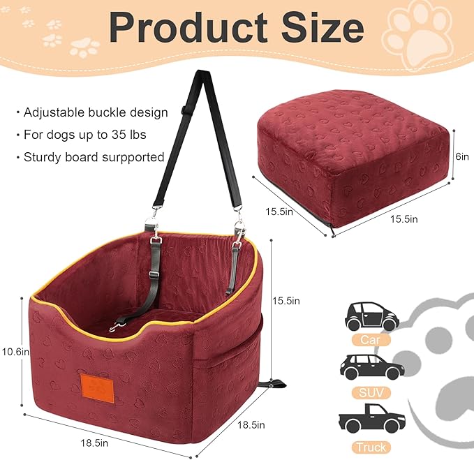 Dog Car Seat for Small Dogs, Memory Foam Booster Dog Seat for Dogs up to 35 lbs, Elevated Pet Car Seat, Travel Safety Pet Seat with Washable Removable Cover, Storage Pockets (Red)-PawvioPets
