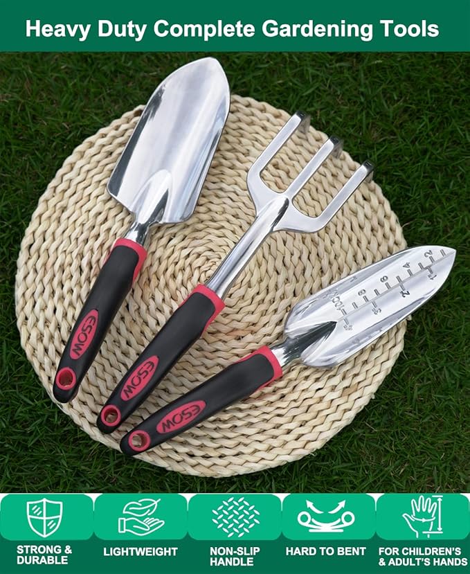 ESOW Garden Tool Set with Non-Slip Rubber Handle, 3 Piece Cast-Aluminum Heavy Duty Gardening Kit Includes Hand Trowel, Transplant Trowel and Cultivator Hand Rake, Red-PawvioPets