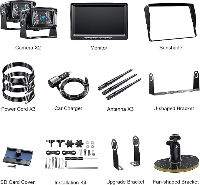 Fookoo 1080P 9" Wireless Backup Camera System, 9" HD Dual/Quad Split Monitor with Recording, IP69 Waterproof Rear View Front View Cameras with Parking Lines, Suits for RV/Truck/Trailer/Van/Bus(DW902)-PawvioPets