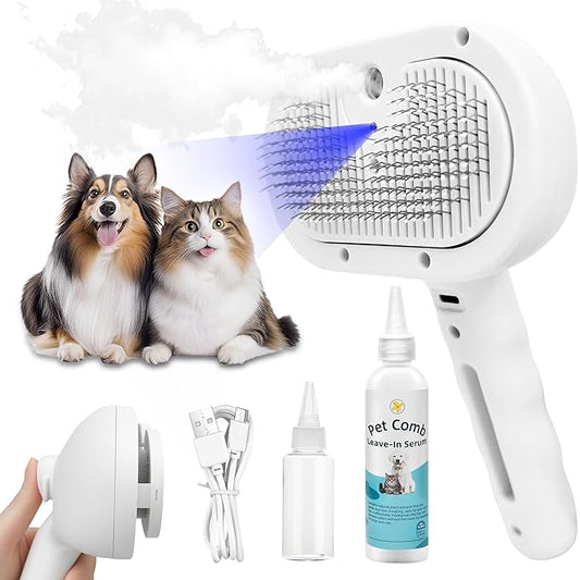 4-in-1 Pet Grooming Steam Brush for Cats & Dogs – Steam Spray, Blue Light, Hair Removal, Self-Cleaning Comb – Includes Pet Waterless Shampoo-PawvioPets