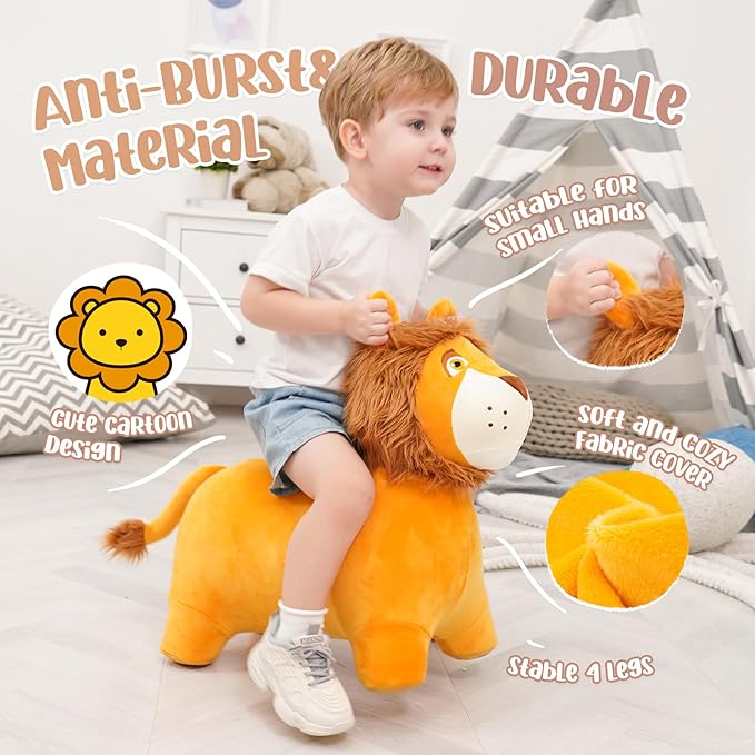 EVERICH TOY Lion Bouncy Horse, Inflatable Plush Hopping Toy, Bouncing Animal Hopper for Toddlers, Fun Ride-On Toy for Kids 18 Months-6 Years, Indoor & Outdoor Play, Great Gift Boys Girls-PawvioPets