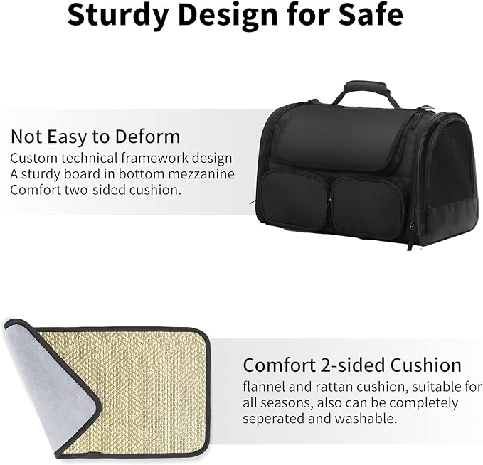 FUKUMARU Cat Carrier, 4 Mesh Windows Small Dog Carrier, 4 Storage Pockets Cat Travel Bag, Under 15 lb Airline Approved Pet Carrier, Rollable Cover for Nervous Cats, Black-PawvioPets