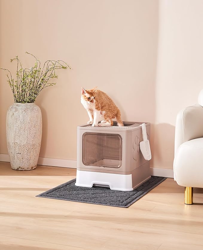Cat Litter Box with X-Large Litter Mat and Scoop, Large Foldable Litter Box with Lid, Enclosed Kitty Box,Front Top Entry Exit, Odor Control Easy to Clean (Upgrade Coffee)-PawvioPets