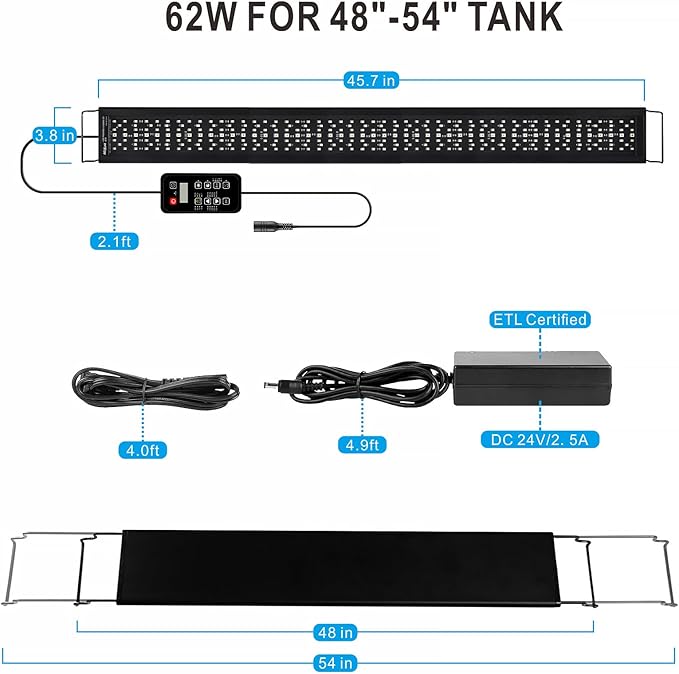 Advanced 7-Row LED Aquarium Light, Easy Setup Controller, Auto On Off Full Spectrum Fish Tank Light, 24/7 Lighting Cycle, 8 Colors, 10 Level Dimming, 62W for 48"-54" Freshwater Planted Tank-PawvioPets