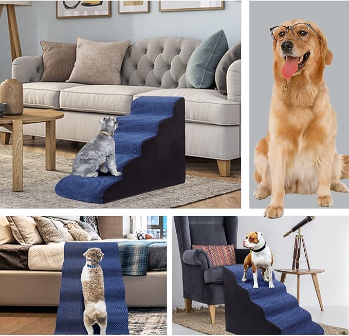 Dog Stairs&Steps for High Beds Up to 28'', 5-Step Dog Ramp for Small Medium Dogs with Washable Cover, Pet Steps for Cats to Get on Couch and Sofa, Durable Foam Ladders, 24.4" Tall, Blue-PawvioPets