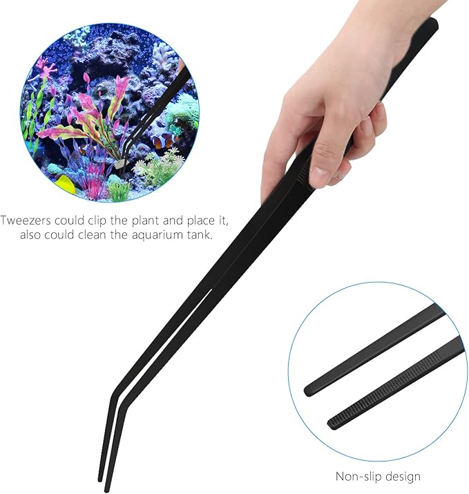 Aquarium Aquascape Tools Kit 15in, 4 in 1 Anti-Rust Aquatic Plant Aquascaping Tool Stainless Steel Tweezer Scissor Spatula for Aquarium Tank Clean Fish Tank Aquascape Accessories Set (black)-PawvioPets