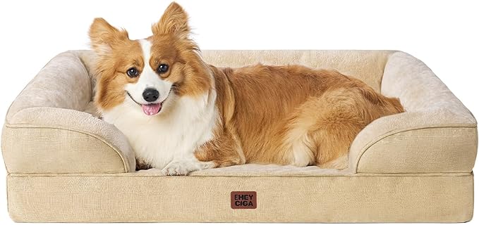 EHEYCIGA Orthopedic Dog Beds for Large Dogs, Waterproof Memory Foam Large Dog Bed with Sides, Non-Slip Bottom and Egg-Crate Foam Pet Couch Bed with Washable Removable Cover, Greige-PawvioPets