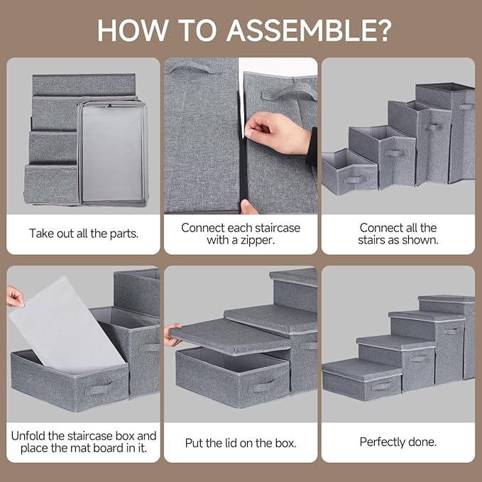 Dog Stairs with Storage, 4-Step Folding Pet Steps for Small Dogs and Cats, Pet Steps Storage with Zip, Pet Stairs for High Bed, Couch and Car Ramp (Gray, 4 Steps no Condo)-PawvioPets