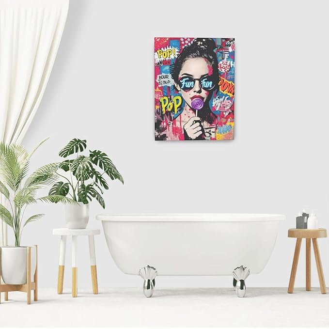 Fashion Women Wall Art Glam Modern Artwork for Girls Banksy Street Graffiti Pop Art Canvas Pictures Painting Print Framed Decorations Gifts for Bedroom Living Room Office 16"x20"-PawvioPets