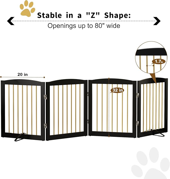 Freestanding Pet Gate for Dogs, Foldable Wooden Dog Gate for House, Indoor Dog Gate for Stairs, Doorways, Step Over Pet Puppy Safety Fence, 80 Inch Wide, 4 Panels 24", Black & Gold-PawvioPets