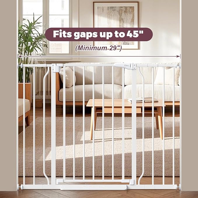 29"-45" Baby Gate for Stairs, Auto Close Stroller Friendly Dog Gate Indoor for Doorways, Pressure Mounted Baby Gate, Easy Walk Through Gate for Children & Pets, White-PawvioPets