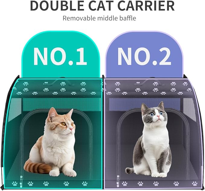 Double Cat Car Travel Carrier, Twin Compartment Show House Cat Cage/Condo，Portable Pet Crate for 2 Cats Travel Double Dog Crate Set for Long Distance Travel-PawvioPets
