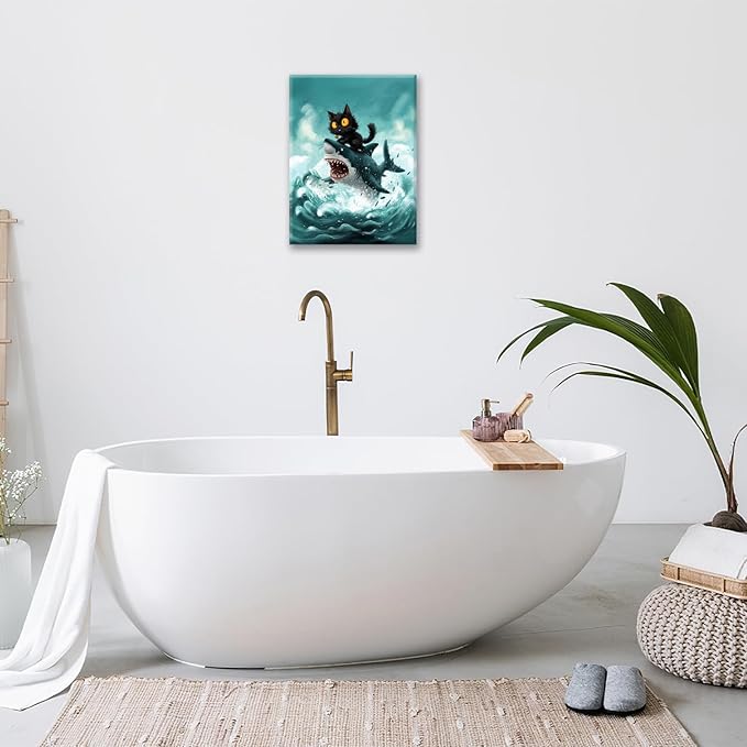 Funny Black Cat Bathroom Wall Art Cute Cat Riding Shark Canvas Wall Decor Animal Kitten Pictures Painting Print Artwork Framed Decorations Gifts for Cat Lover Kids Room Bedroom 24"x20"-PawvioPets