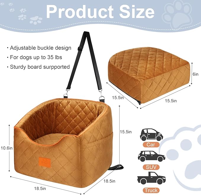 Dog Car Seat for Small Dogs, Memory Foam Booster Dog Seat for Dogs up to 35 lbs, Elevated Pet Car Seat with Washable Removable Cover, Storage Pockets-PawvioPets
