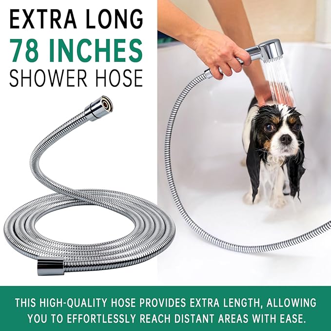 3 Mode Dog Shower Attachment, High Pressure Handheld Sprayer with ON/OFF Switch, G1/2" Metal Shower Diverter, 78 Inches Stainless Steel Hose, No Drill Hook, for Indoor Pet Bathing and Washing-PawvioPets