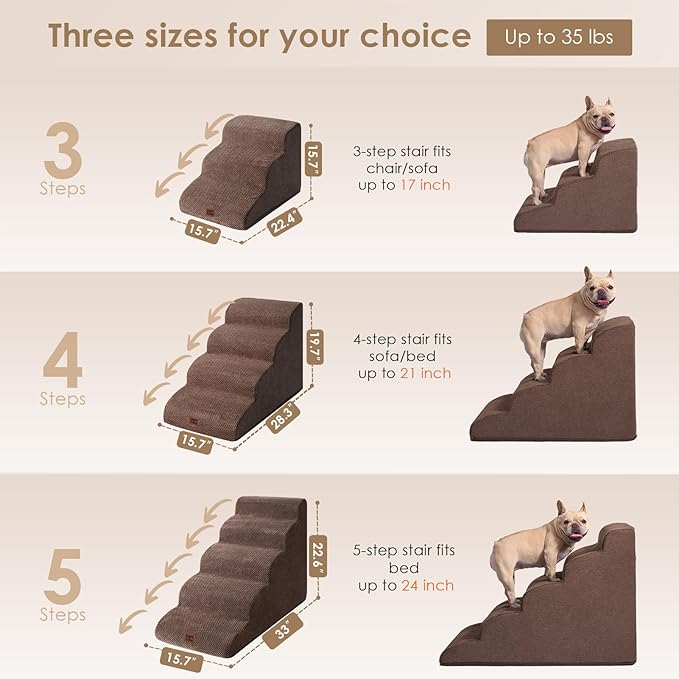 EHEYCIGA Curved Dog Stairs Ramp for Small Dogs 15.7" H, 3-Step Dog Steps for Couch Sofa and Chair, Pet Stairs for Cats, Non-Slip Balanced Pet Steps Indoor, Brown-PawvioPets
