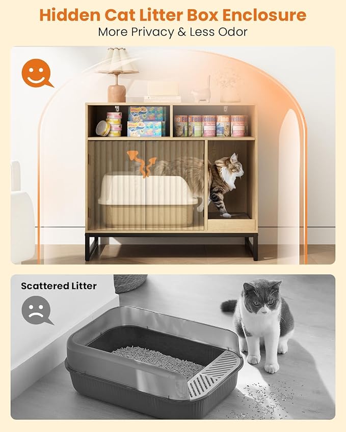 Cat Litter Box Enclosure, Large Hidden Pet Storage Cabinet Furniture with Waveform Fluted Doors & Scratching Pad, Modern Wooden Cat House Indoor for Washroom, Living Room, Bedroom, Natural-PawvioPets