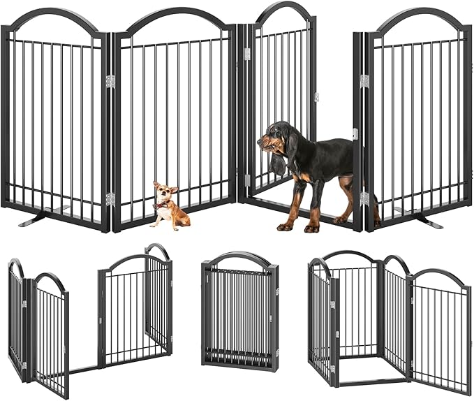 BHG Metal No-Assembly Freestanding Dog Gate with Door Walk Through, Extra Wide 96", Extra Tall 32" Pet Gate, Accordion Puppy Folding Playpen Dog Fence, with 2PCS Support (Black, 4 Panels)-PawvioPets