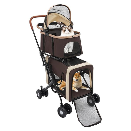 Double Pet Stroller with Detachable Carriers, Large Cat & Dog Stroller with 4 Wheels, Foldable Pet Strollers Small & Medium Dogs Cats 77lbs (Coffee Color)-PawvioPets
