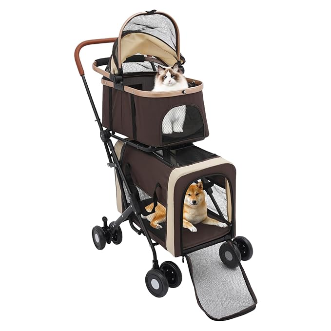 2-Layers Pet Stroller for 2 Cats/Dogs,Foldable Lightweight 77lbs Capacity Carrier, 4 Wheels, Removable Basket & Storage Pocket,for Small Pets (Coffee)-PawvioPets