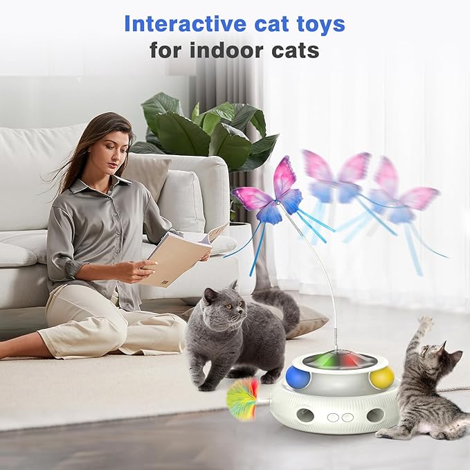 Automatic Interactive Cat Toys for Indoor Cats & Bored Adults - Kitten Toys with Fluttering Butterfly, Ambush Feather & Track Balls - Exercise & Stimulation for Playful Cats (Beige)-PawvioPets
