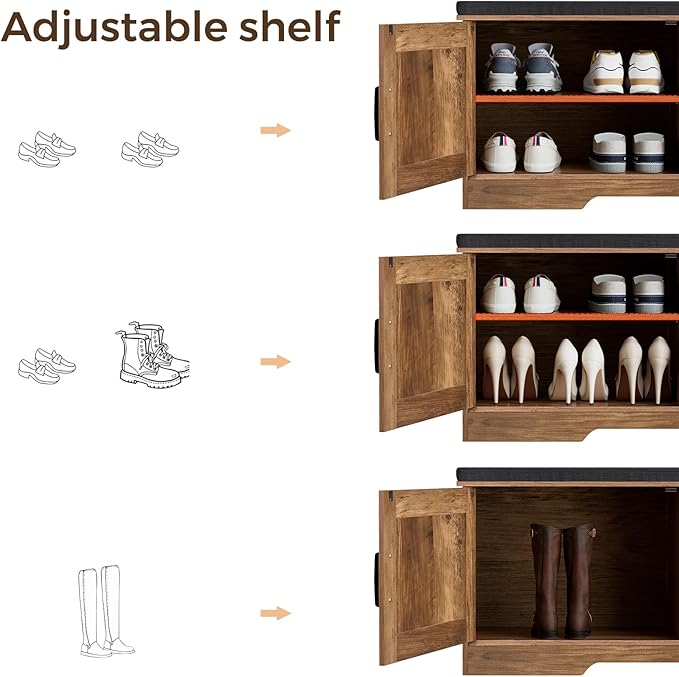 2-Tier Storage Bench, Shoe Bench with Padded Seat Cushion, Entryway Bench with 4 Barn Doors, Adjustable Shelf, 13.8" D x 47.2" W x 17.7" H, for Entryway, Living Room, Bedroom, Rustic Walnut-PawvioPets