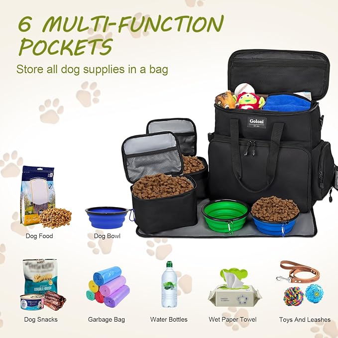 Dog Travel Bag Airline Approved–Pet Travel Tote with Collapsible Bowls,Food Containers & Feeding Mat–Multi-Pocket Organizer for Dogs & Cats, Durable & Water-Resistant for Hiking,Trips,Outdoors-PawvioPets