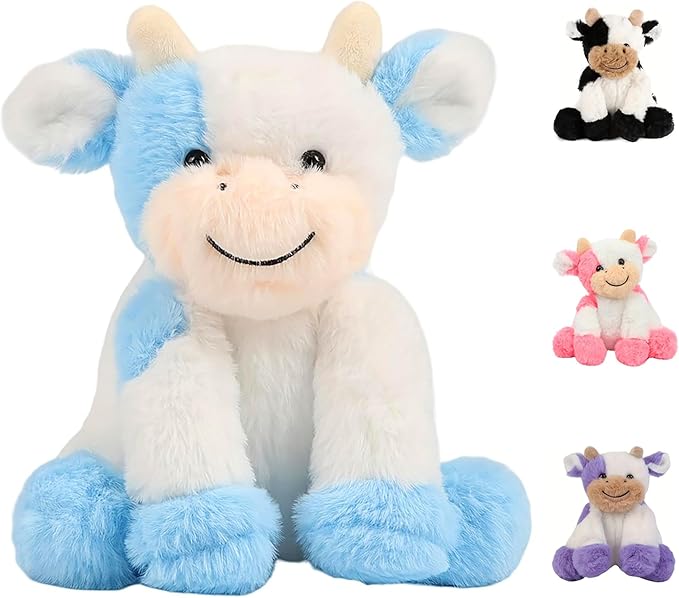 Blue and White Cow Weighted Stuffed Animal 20cm/7.87in Cute Sitting Cow Plush Toy with Smile Soft Fluffy Small Farm Plushie for Kids Adults Birthday Festival Gift Bed Home Office Decor Toys-PawvioPets