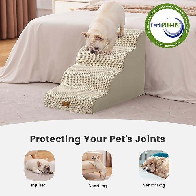 Gardner Pet Dog Stairs for Small Dogs 19.7" H, 4-Step Beige Curved Pet Stairs, Dog Steps for High Bed (18-24 in), Couch with Durable Non-Slip Waterproof Fabric Cover and CertiPUR-US Certified Foam-PawvioPets