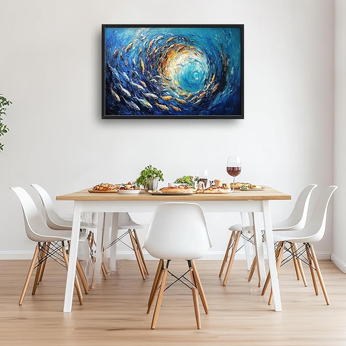Extra Large Framed Abstract Ocean Fish Wall Art,Oversized Blue Sea Nautical Fish Wall Decor Pictures for Living Room,Canvas Print Painting Modern Artwork Bedroom Office Bathroom Home Decor 36L x24W-PawvioPets
