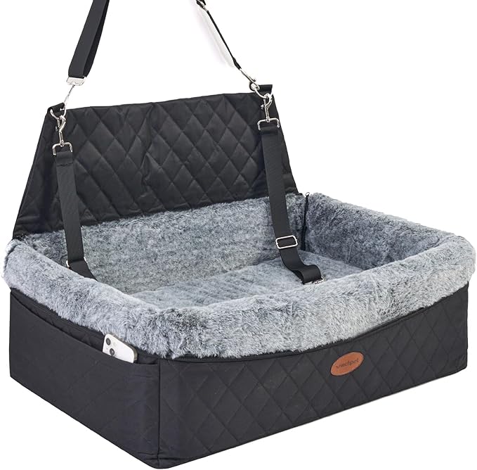 Dog Car Seat for Large/Medium Pet, Anti Slip Bottom Dogs Booster Seat for All Seasons,Pet Travel Bed with Thick Dog Sofa Cushion,2 Safety Leashes(Black)-PawvioPets