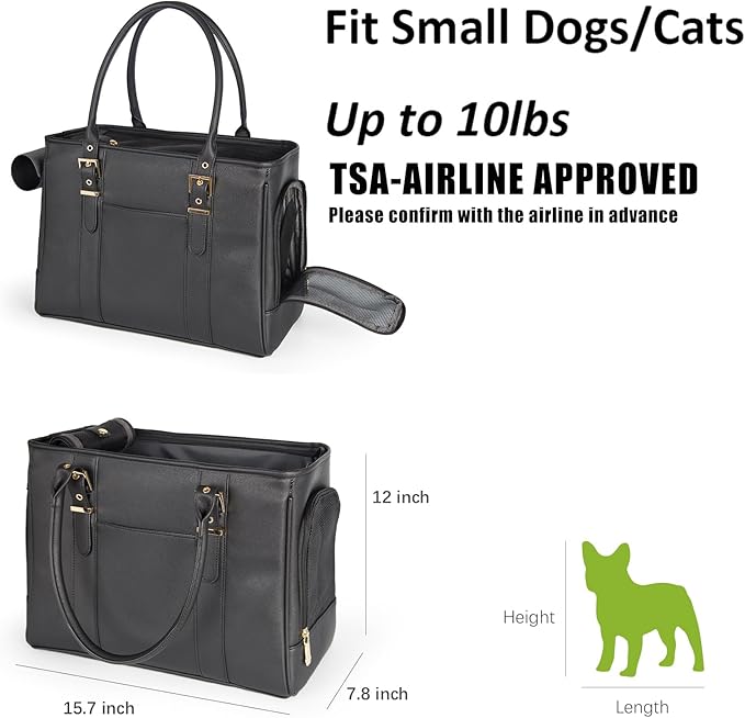 Fashion Pet Carrier Dog Purse Cat Bag Soft-Sided Carriers Travel Airline Approved, Stylish Leather Tote Handbag for Small Animal Puppy Kitten (Black)-PawvioPets