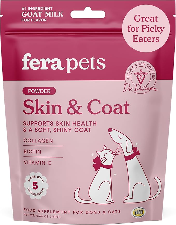 Fera Pets Goat Milk Topper - Cat & Dog Skin and Coat Supplement with Collagen, Biotin & Vitamin C - Helps Maintain Normal Skin Moisture - Promotes a Shiny Coat - for Picky Eaters - 60 TSP-PawvioPets