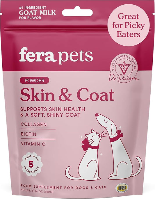 Fera Pets Goat Milk Topper - Cat & Dog Skin and Coat Supplement with Collagen, Biotin & Vitamin C - Helps Maintain Normal Skin Moisture - Promotes a Shiny Coat - for Picky Eaters - 60 TSP-PawvioPets