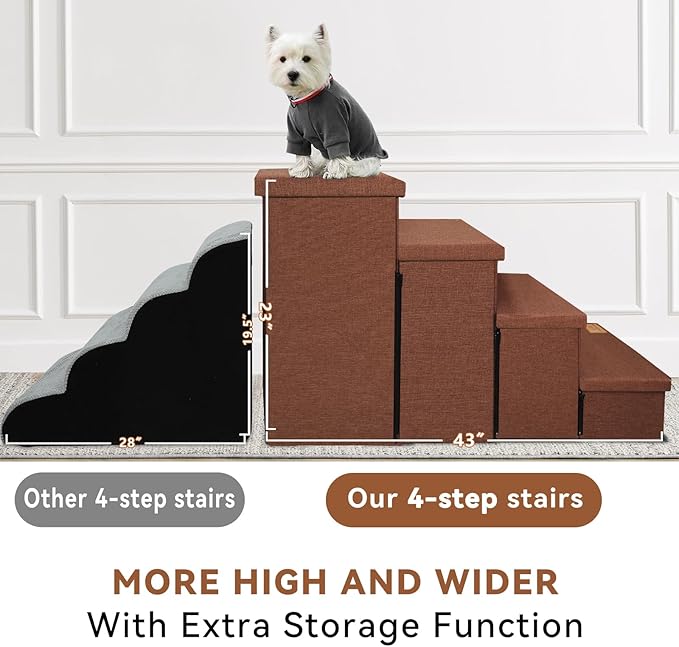 Dog Stairs with Storage 23" H, 4-Step Wider Dog Steps for High Beds Window, Folding Sturdy Pet Stairs Gift for Small/Medium/Large Old Dogs Cats, Ramp for Climbing Car Up to 200 lbs, Brown-PawvioPets