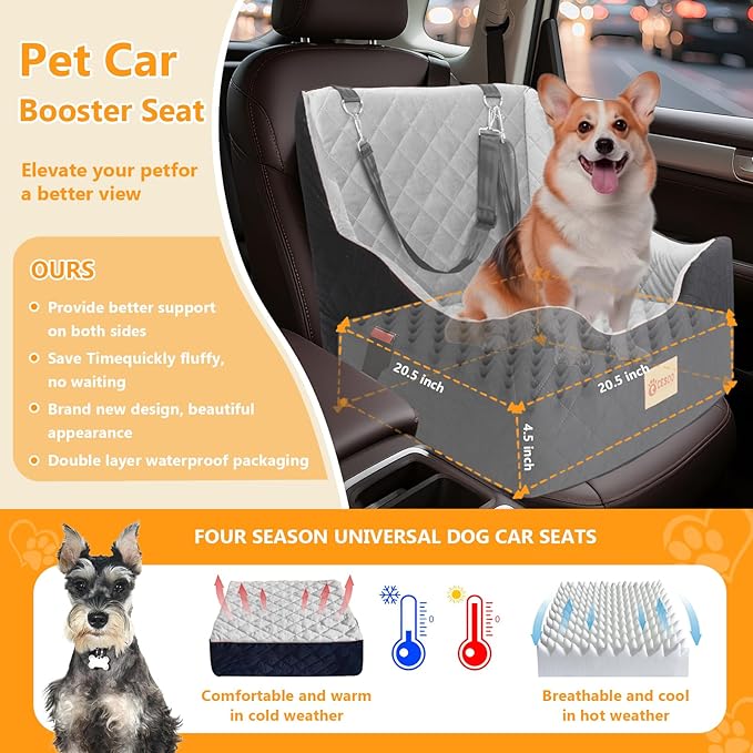 Dog Car Seat for Small/Medium Dogs Under 40lbs, Dog Booster Car Seats Memory Foam and Velvet, Detachable and Washable Pet Booster Carseats with Clip-On Satebelt and Storage Bag.(Black/Gray)-PawvioPets