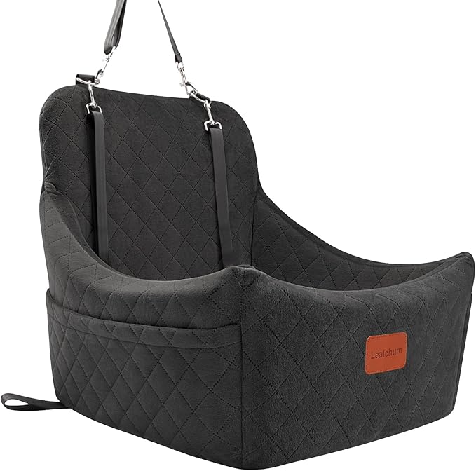 Dog Car Seat for Dogs Up to 35lbs,Fully Detachable and Washable,Memory Foam Covered Soft Fabric,Easy to Install with Adjustable Straps,Anti-Slip Bottom,Two Side Pockets(Black,Medium)-PawvioPets