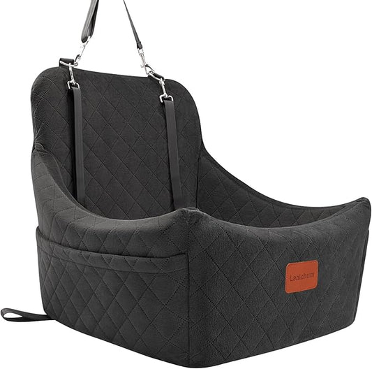 Dog Car Seat for Dogs Up to 35lbs,Fully Detachable and Washable,Memory Foam Covered Soft Fabric,Easy to Install with Adjustable Straps,Anti-Slip Bottom,Two Side Pockets(Black,Medium)-PawvioPets