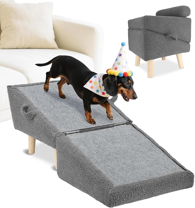 Dog Stairs for Small Dogs and Cats – 2-in-1 Dog Ramp for Bed and Couch, 16.5'' Foldable Wooden Pet Steps, Sturdy Multi-Use Split Ottoman Design, Dark Grey-PawvioPets