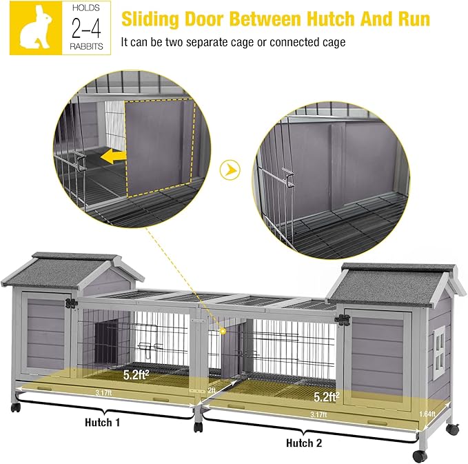 Aivituvin Rabbit Hutch Bunny Cage with Double House and Run Indoor Outdoor Guinea Pig House with Deeper No Leak Trays and Wheels-PawvioPets