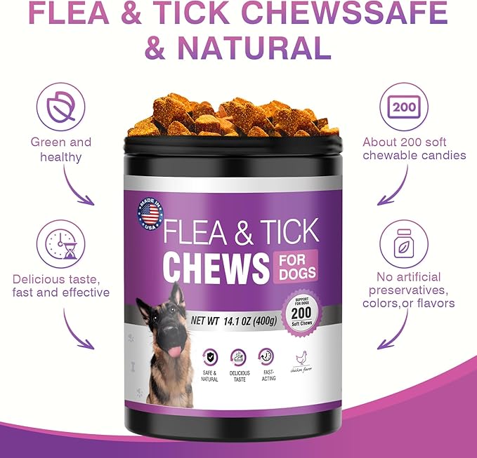 Dog Flea and Tick Treatment Chewable 200 Treatment Chews Natural Soft Chew Fleas Ticks Treatment Dog Oral Chewables Support Supplement Pest Defense Breeds and Ages Dogs Chicken Flavor-PawvioPets