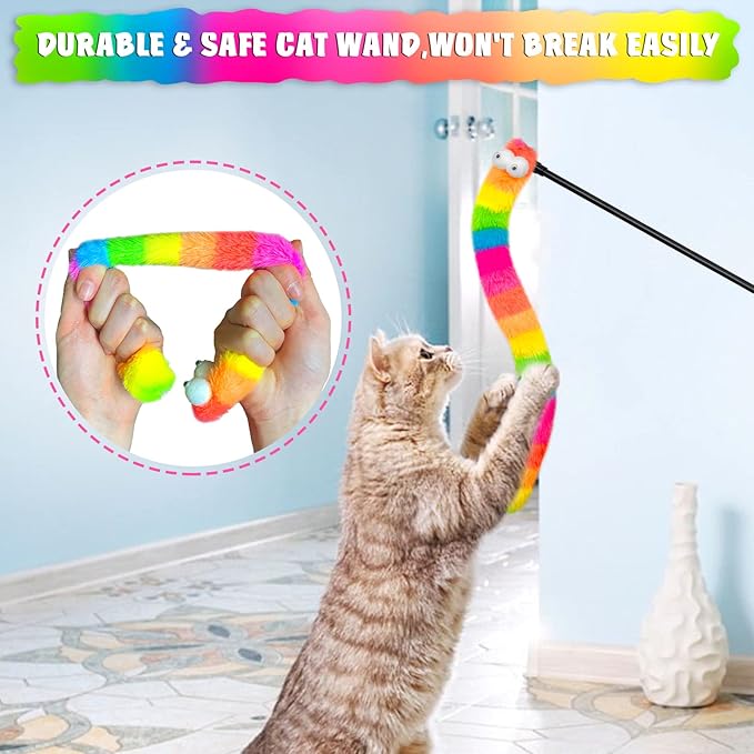 3 Pack Cat Wand Toy, Rainbow Cat Feather Toys with Bells, Teaser Wand with Soft Furry Tail, Interactive Toys for Indoor Cats & Kitten & Kitty-PawvioPets