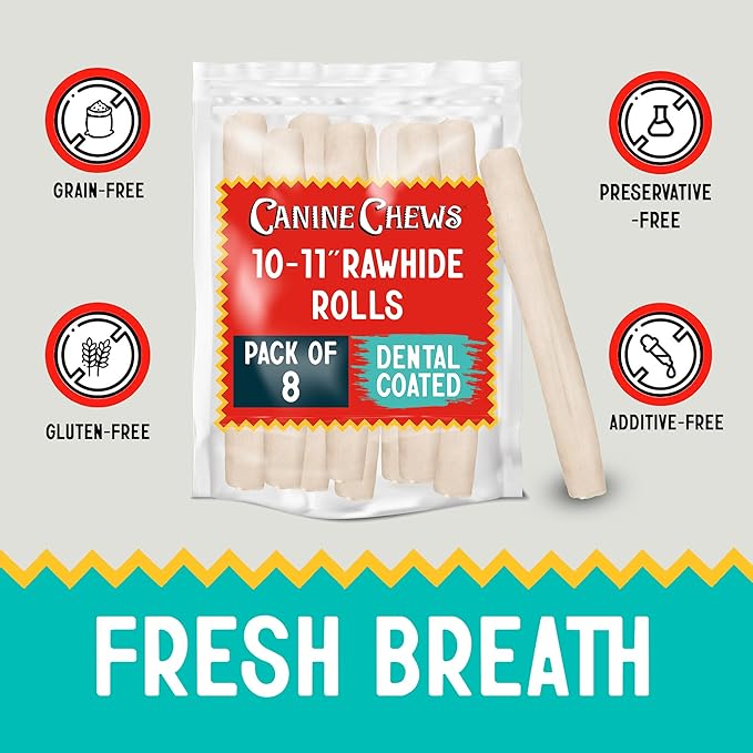 Canine Chews 10-11" Dental Coated Jumbo Rawhide Retriever Rolls (8 Pack) - Breath Freshening & Long Lasting Dental Chews for Dogs Large Size - Teeth Cleaning Dog Treats for Aggressive Chewers-PawvioPets