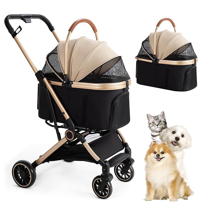 3 in 1 Pet Stroller with 4 Wheels, Foldable Pet Travel Carrier for Small/Medium Dogs Cats up to 50lbs, Detachble Portable Pet Bag, Storage Basket-PawvioPets