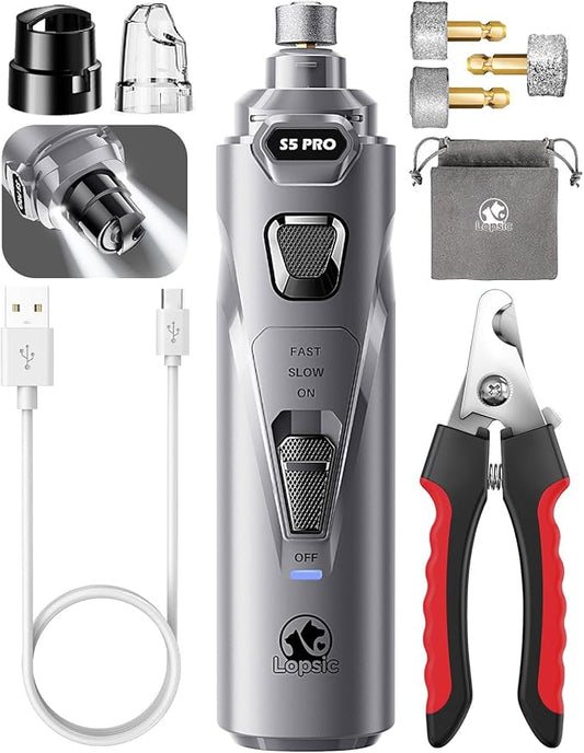 Dog Nail Grinder with 2 LED Lights Powerful 2 Speeds Super Quiet Dog Nail Trimmers with 3 Grinding Wheels Rechargeable Pet Dog Nail Clippers for Large Medium Puppy Dogs Dog Nail File Cat Nail Clipper-PawvioPets