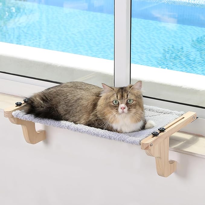 Easy Seat Cat Perch for Window Sill - Hammock Design w/Pine Wood & Robust Metal Frame - Cat Window Seat for Large Cats and Kittens (Natural Color Wood w/Gray Bed, Medium (23''W x 14''D))-PawvioPets