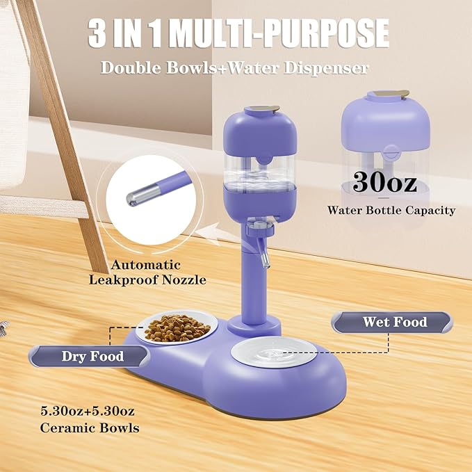 Dog Bowls with Puppy Weaning Bottles,3 in 1 Dog Bowl Set with Water Dispenser and 2 Food Grade Ceramic Bowls for Cats,Bunnies,Ferrets and Small Sized Dogs（Purple）-PawvioPets