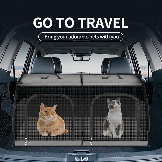 Double Cat Car Travel Carrier, Twin Compartment Show House Cat Cage/Condo，Portable Pet Crate for 2 Cats Travel Double Dog Crate Set for Long Distance Travel-PawvioPets