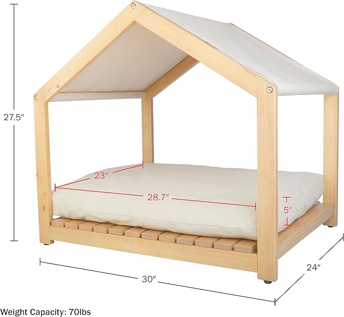 Dog House - 30x24-Inch Indoor Dog House with Soft Cushion and Adjustable Canopy - Wood Dog Furniture for Small to Medium Pets up to 70lbs by PETMAKER-PawvioPets